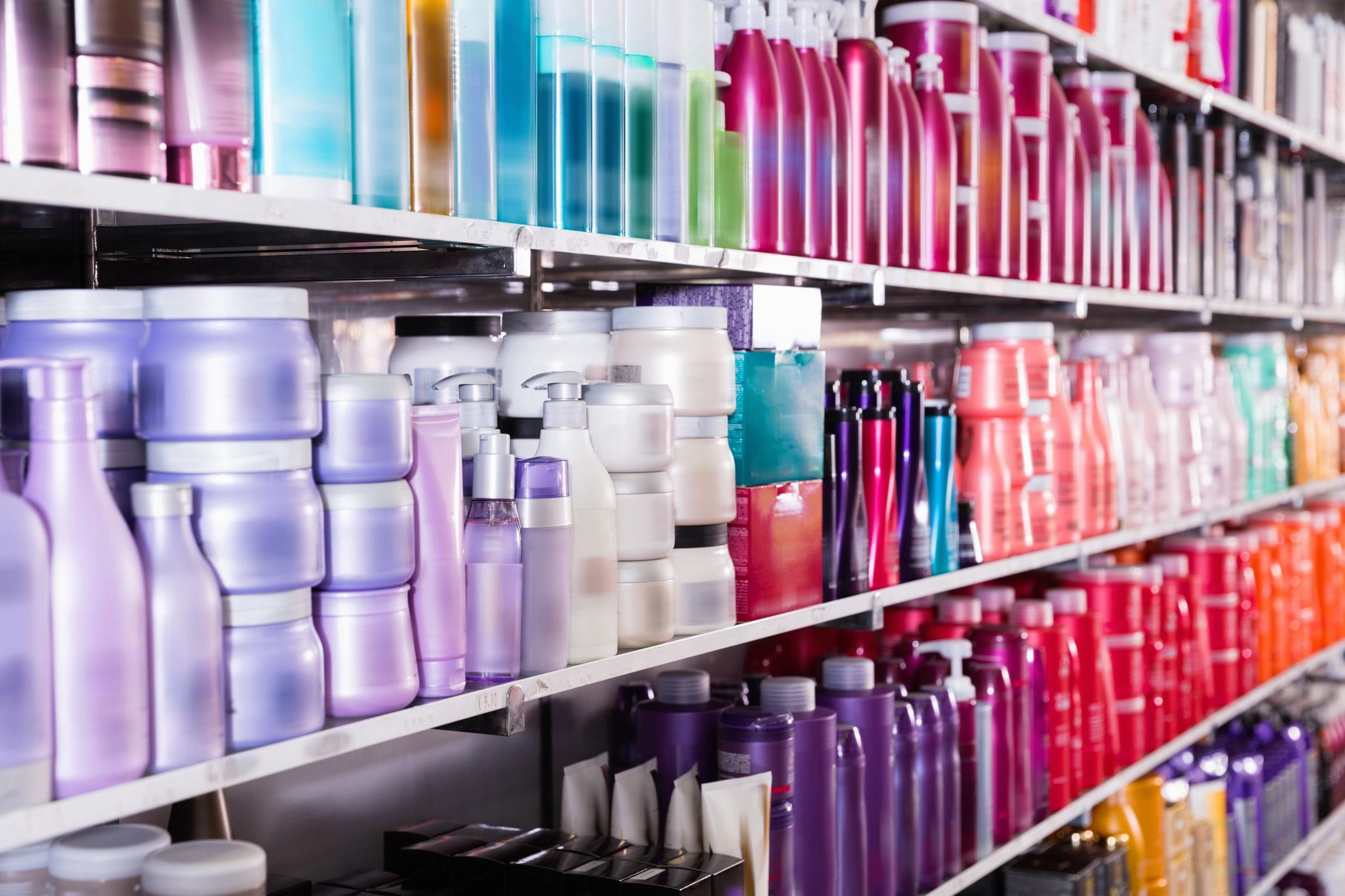 Colorful beauty supply store shelves